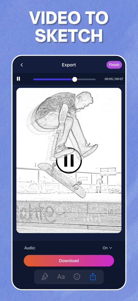 Photo to Sketch - Drawiq - Interfaz de aplicación móvil que muestra un vídeo de un skater convertido en un boceto a lápiz.