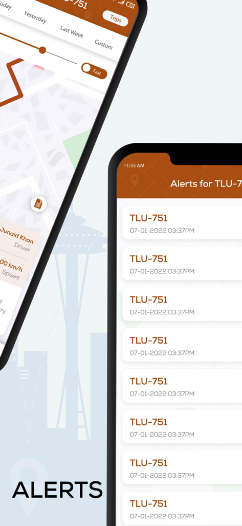 Mux Tech - Mux Tech app interface showing real-time vehicle alerts and a fleet tracking map.