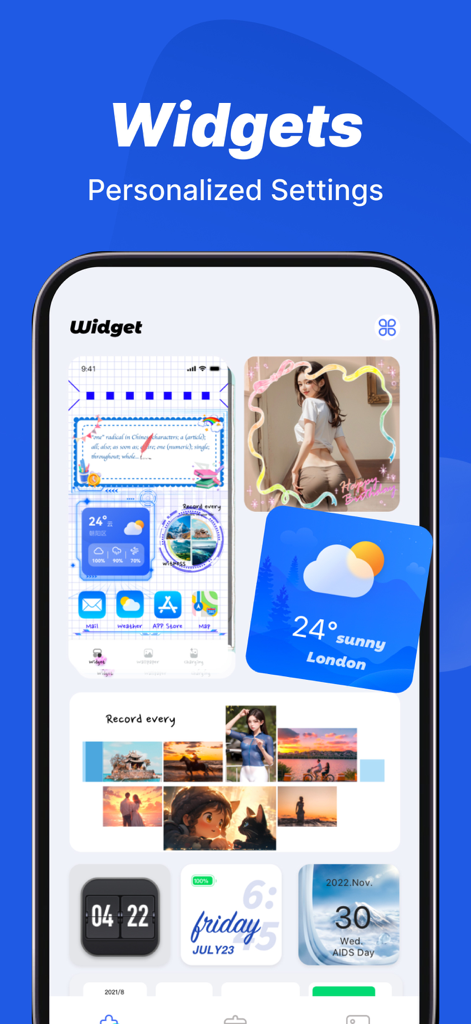 Handy Clean - Handy Clean app interface showing personalized home screen widgets including weather clock and photo gallery