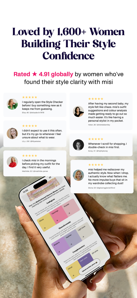 A marketing graphic for the misi app featuring positive user reviews and a phone screen displaying color analysis and outfit pairing suggestions