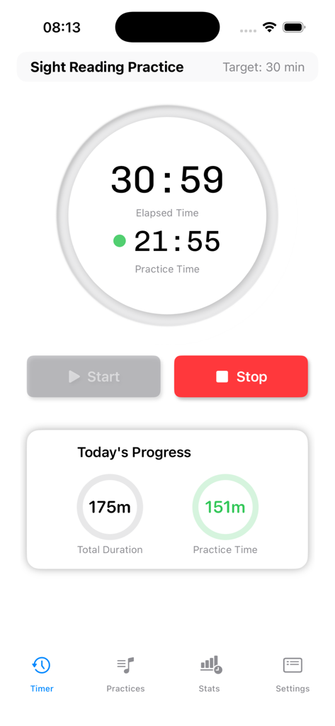 PianoForte: Practice Companion - Interfaz del temporizador de la aplicación PianoForte mostrando el tiempo real de práctica frente al tiempo transcurrido para una sesión de lectura a primera vista