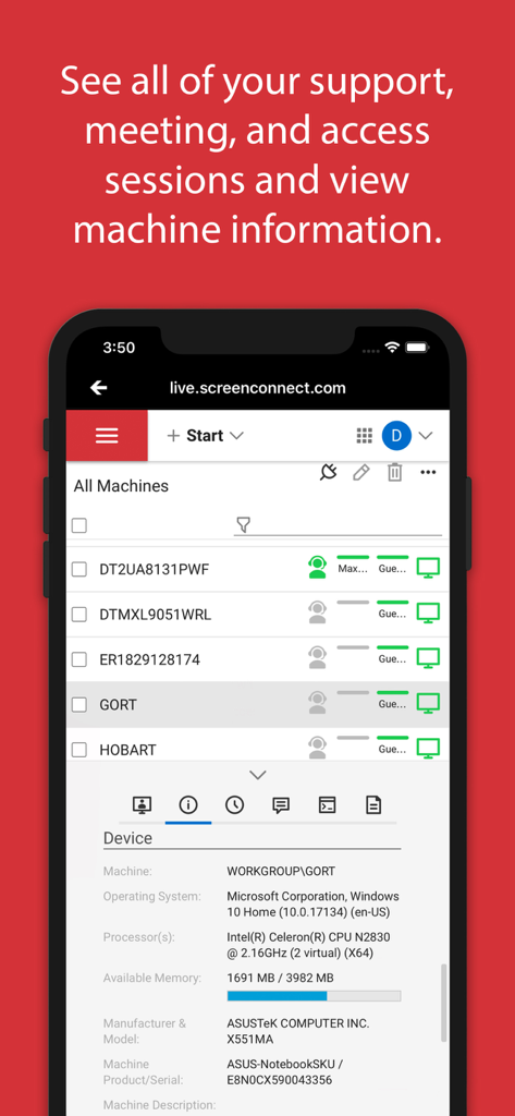 ConnectWise Control app displaying a list of remote machines and technical device details