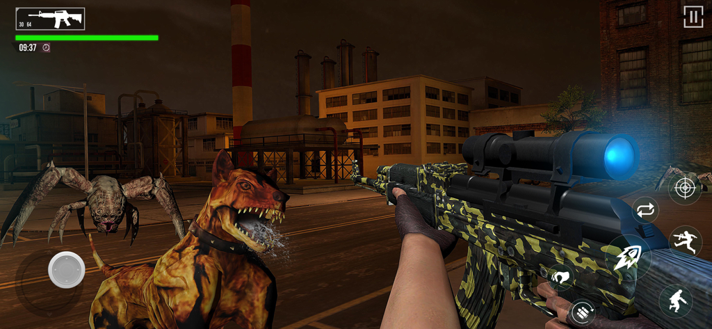 First person shooter view of a player aiming a rifle at a mutant dog and a spider creature in an industrial setting