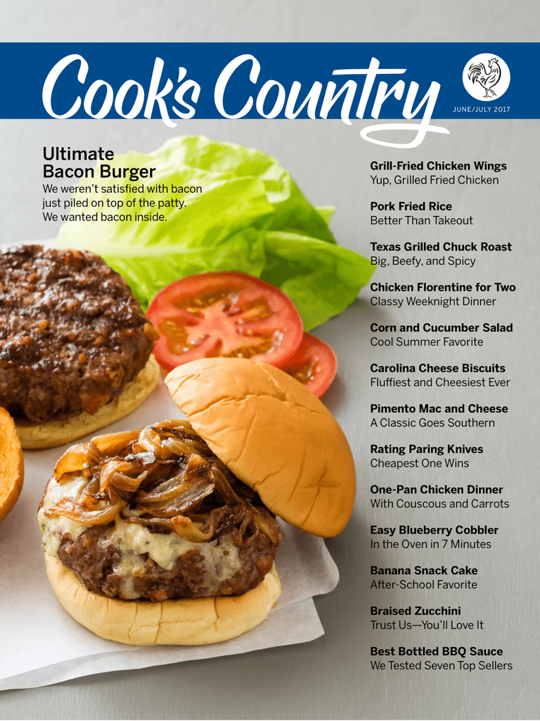 Cook's Country Magazine - Cover of Cooks Country Magazine featuring the Ultimate Bacon Burger and a list of regional recipes.
