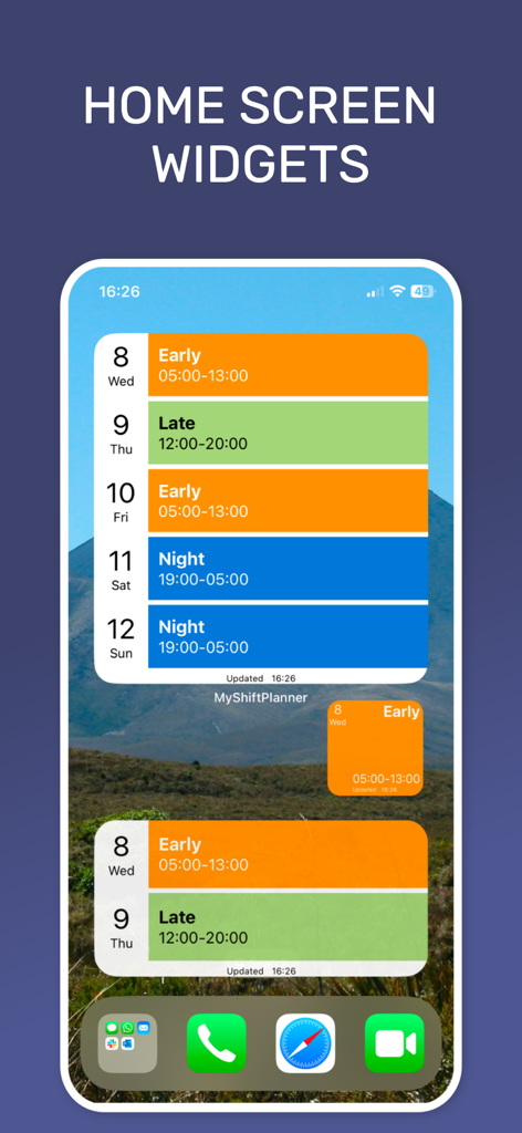 My Shift Planner - Calendar - Color-coded shift work widgets on a mobile home screen displaying early late and night schedules