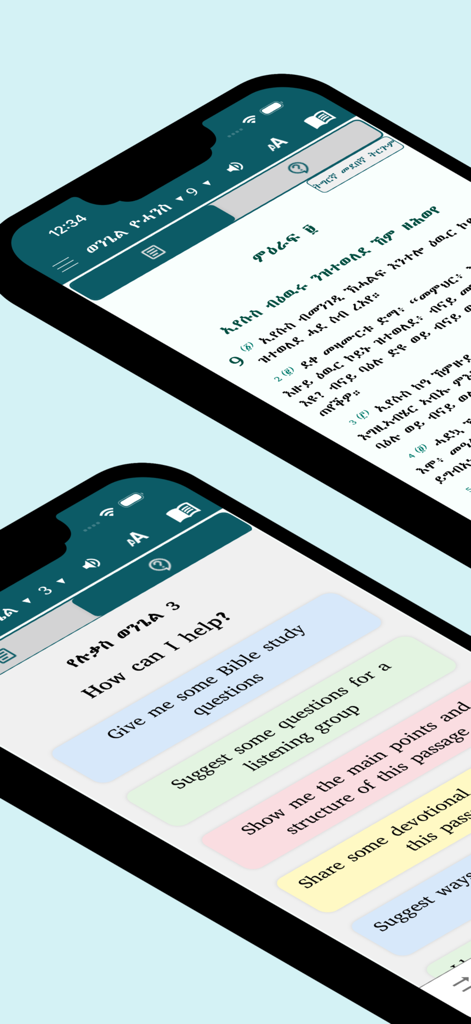 Mobile app interface of the Geez Tigrigna Bible showing scripture text and an AI-powered Bible study assistant with suggested prompts.