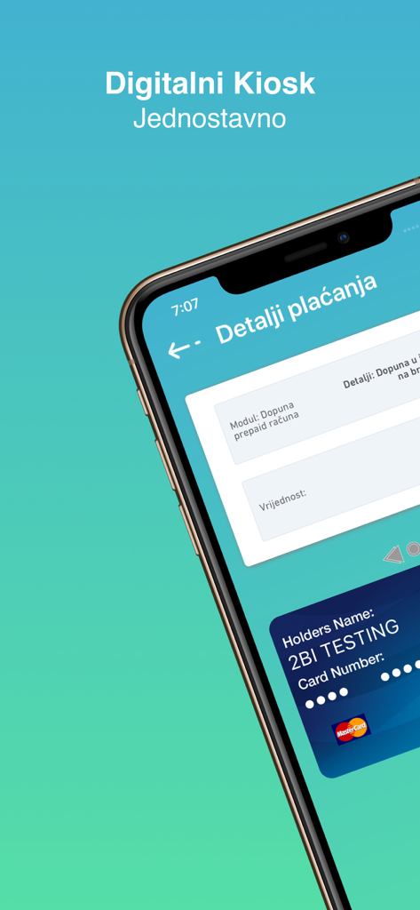 Secure credit card payment screen in the Digitalni Kiosk mobile app