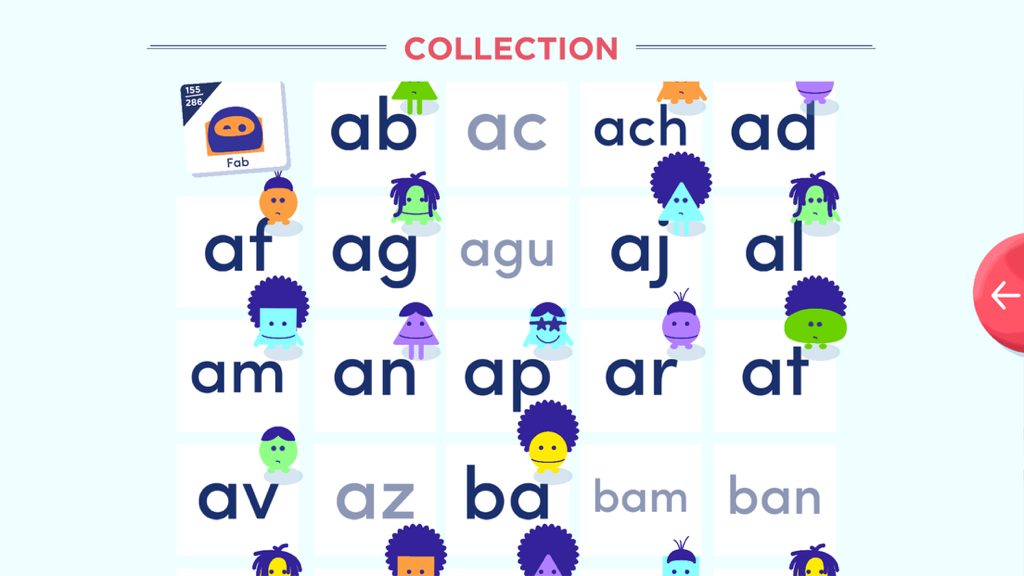 Montessori French Syllables - learn to read French words in a fun lab setting - A collection screen showing a grid of French syllables and colorful character sound-buddies.