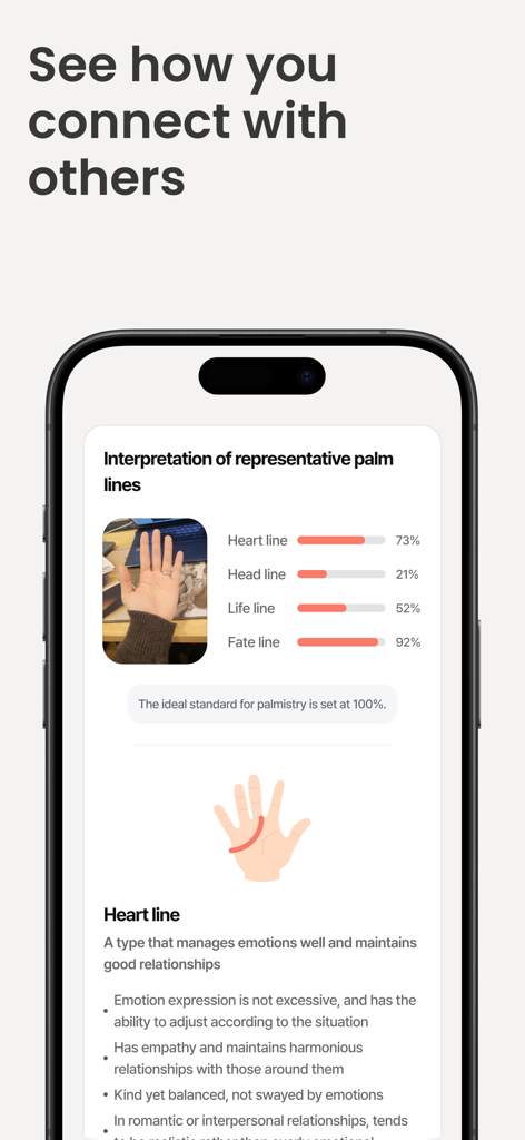 PalmPath - Mobile app screenshot showing an interpretation of palm lines including heart and life lines with percentage scores