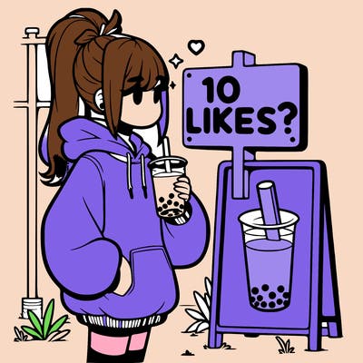 girl with oversized hoodie drinking boba and she has a high ponytail with a sign that says 10likes?