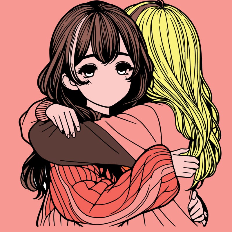 realistic girl hugging another girl with sweater