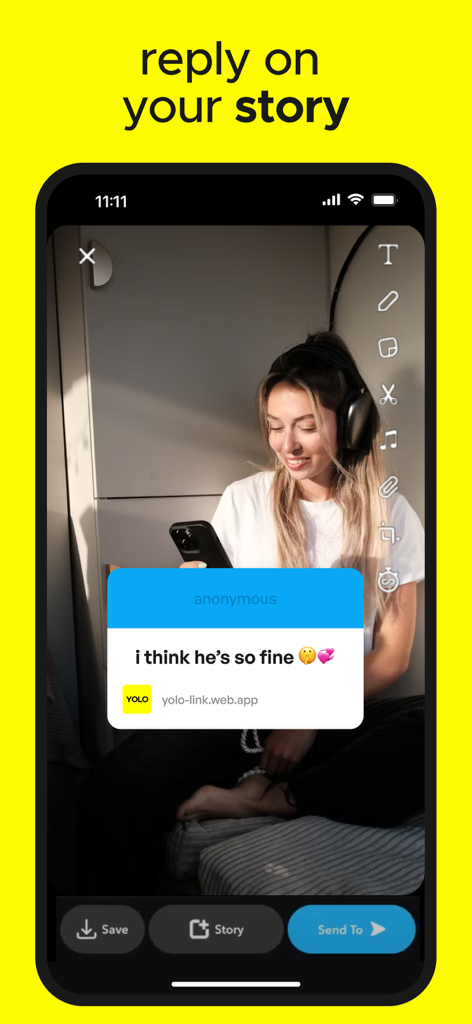 YOLO: Anonymous Q+A - A young woman using the YOLO app to share an anonymous message on her social media story