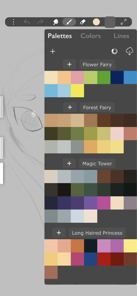 デジタルイラストレーション用のさまざまなカラーパレットを表示するiArtbookアプリのインターフェース。