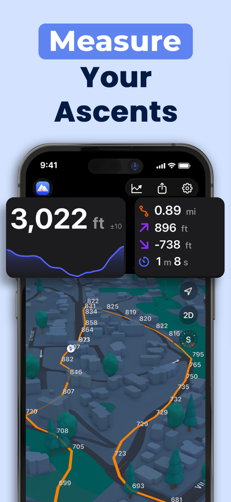 Elevation Tracker: Altitude - Smartphone displaying the Elevation Tracker app with a 3D map and altitude data overlays