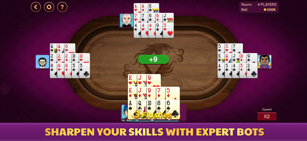 Chinese Poker - Pusoy Offline - Gameplay di Pusoy Cinese Offline con un tavolo da carte a quattro giocatori e bot esperti