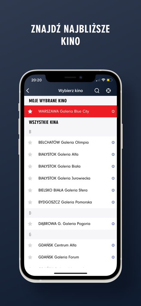 Kino Helios app screen showing a list of cinema locations in Poland