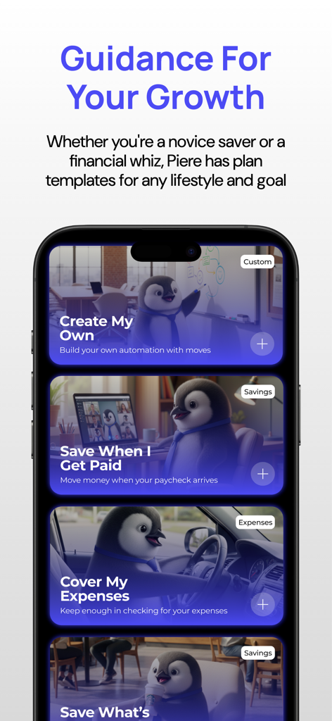 Piere: Budget, Save, Plan - Piere app interface showing various financial growth plan templates for budgeting and saving.