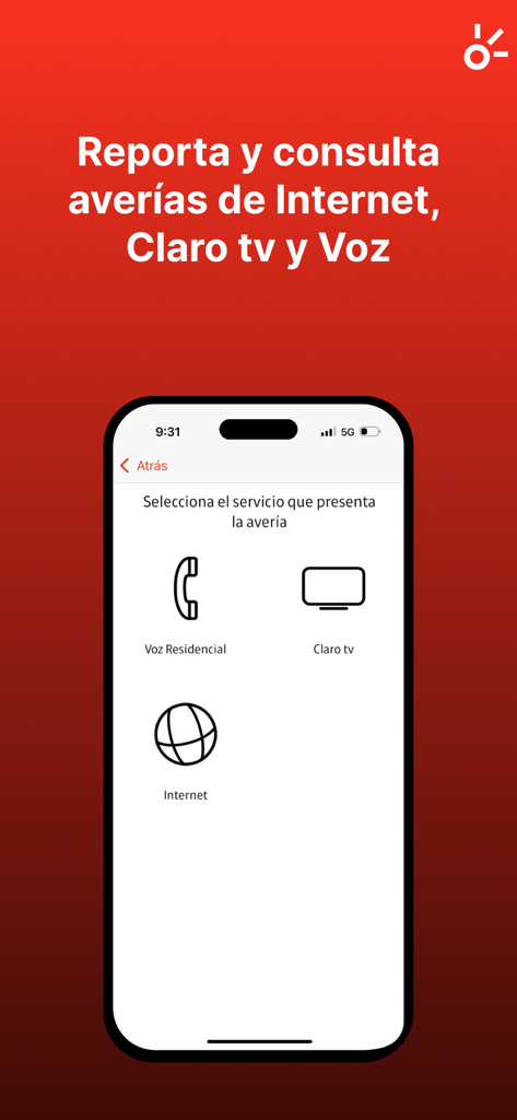 Mi Claro -República Dominicana - Interface for reporting and checking internet, TV, and voice service outages in the Mi Claro Dominican Republic app.