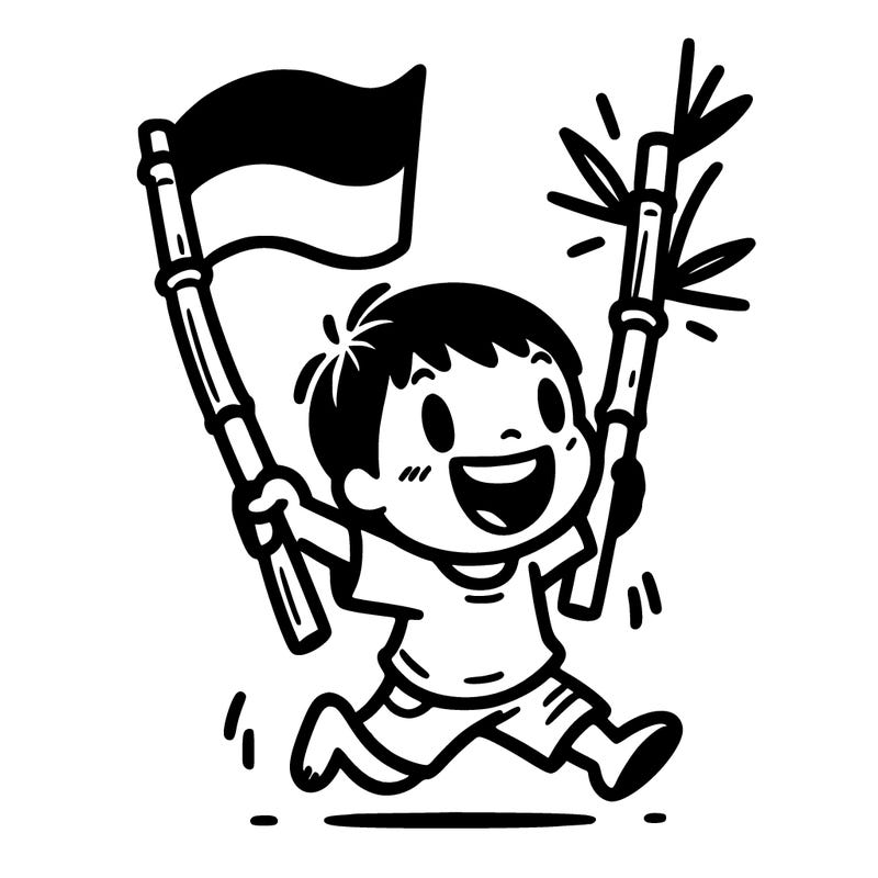 gambar anak gembira, membawa tongkat bambu dengan bendera indonesia diatasnya
