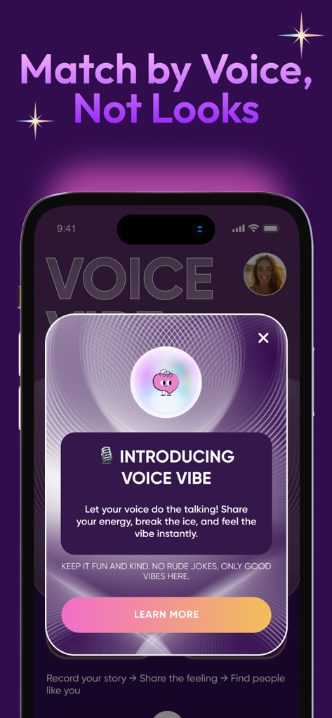 Kasual app screen showcasing the Voice Vibe feature to match by voice instead of looks.