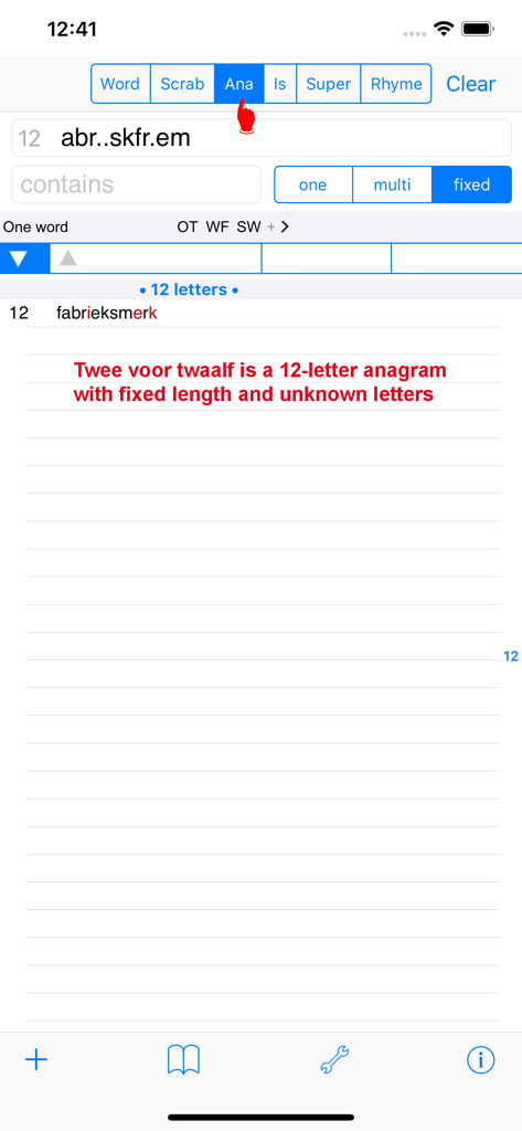 Oberfläche der NL Woordvinder PRO-App, die eine Anagrammsuche für ein 12-buchstabiges niederländisches Wort anzeigt