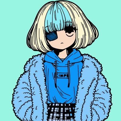 anime girl wearing fluffy jacket with tshirt and bangs covering them one eye