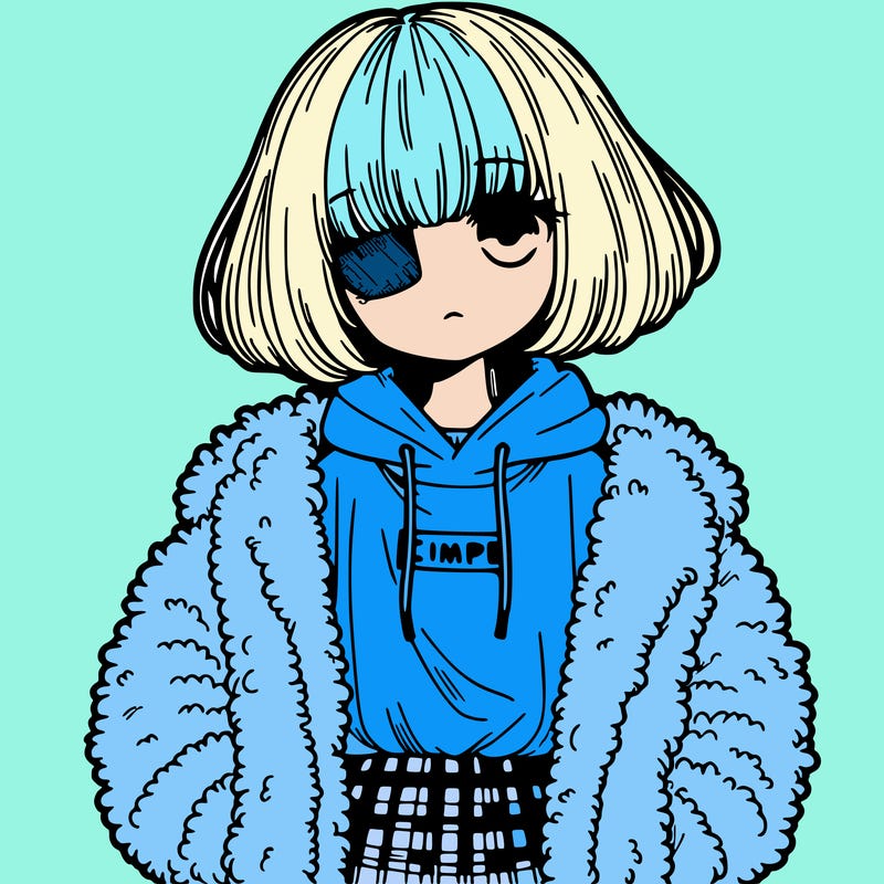 anime girl wearing fluffy jacket with tshirt and bangs covering them one eye