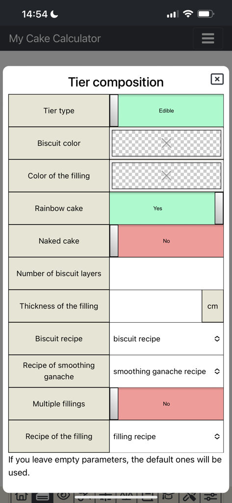 Tier composition settings screen in My Cake Calculator app showing options for rainbow cake and recipes.