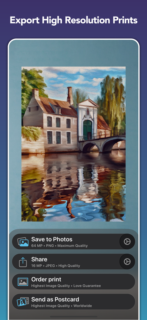 BeCasso: Photo to Painting App - Benutzeroberfläche der BeCasso-App zeigt Export- und Druckoptionen für ein hochauflösendes digitales Gemälde eines historischen Gebäudes, das sich im Wasser spiegelt.