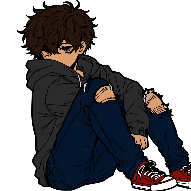 a male hoddie ripped jeans messy hair anime