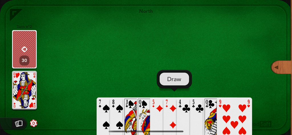 Gin Rummy - Gin Rummy mobile app gameplay showing a hand of cards on a green felt table