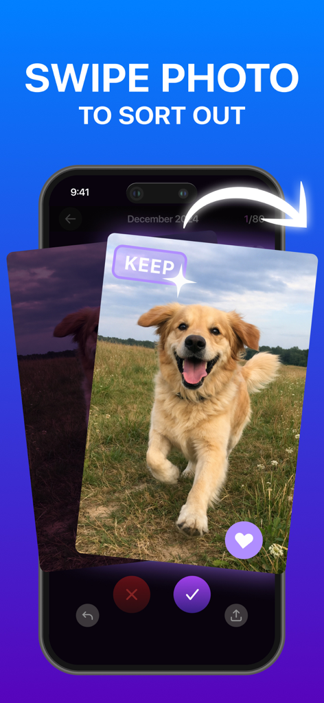 Interface showing a swipe gesture to sort photos in a gallery cleaning app
