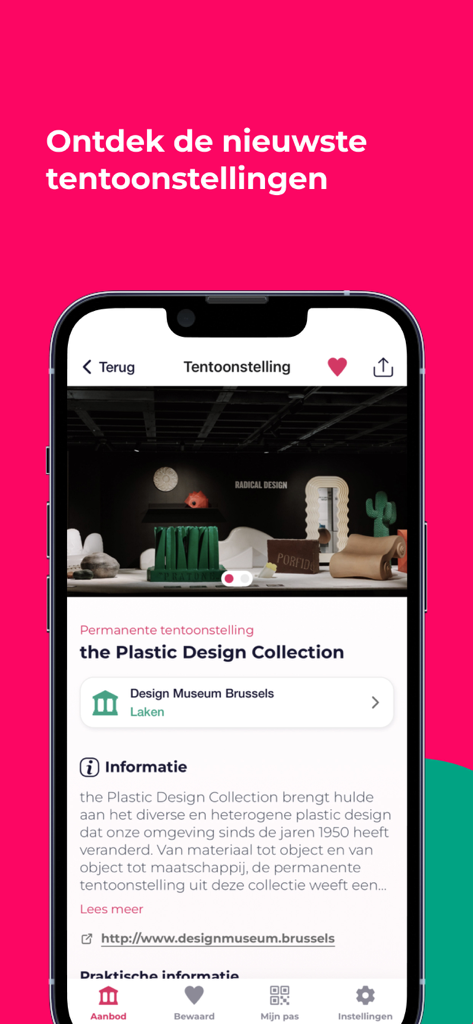 museumpas - Mobile app interface of museumpas showing exhibition details at Design Museum Brussels
