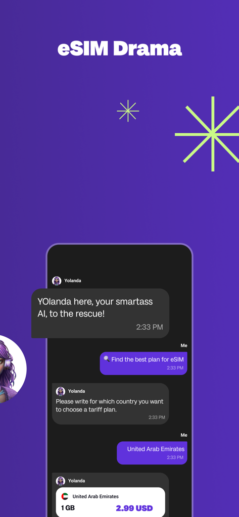 Global YO: eSIM+ & Travel Data - Interfaz de la aplicación Global YO con el asistente de IA Yolanda ayudando a un usuario a encontrar un plan de datos eSIM para los Emiratos Árabes Unidos.