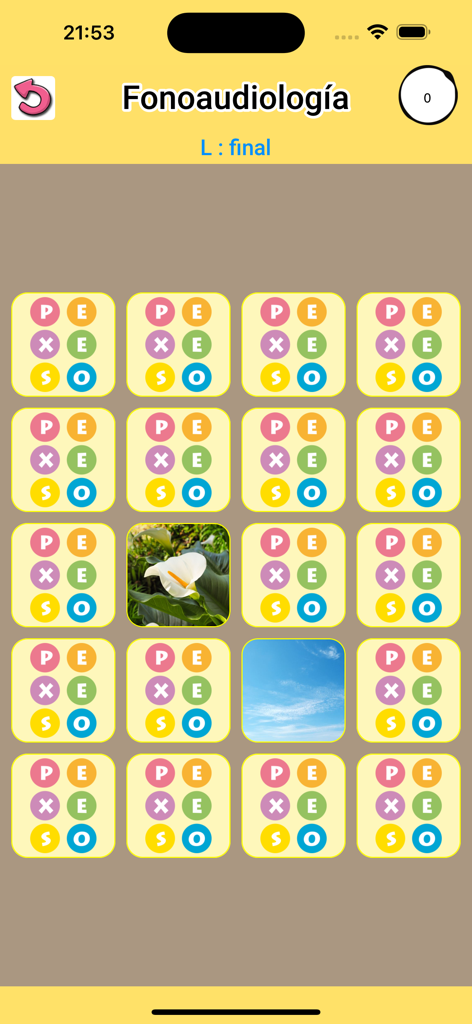 Fonoaudiología : ejercicios CL - Memory game interface in the Fonoaudiologia speech therapy app for practicing Spanish phonemes