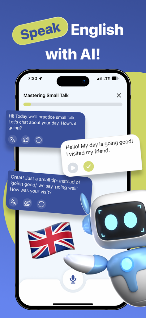 Learn & Speak English・AI Tutor - Pantalla de smartphone mostrando una conversación con un tutor de inglés de IA que proporciona retroalimentación gramatical en tiempo real.