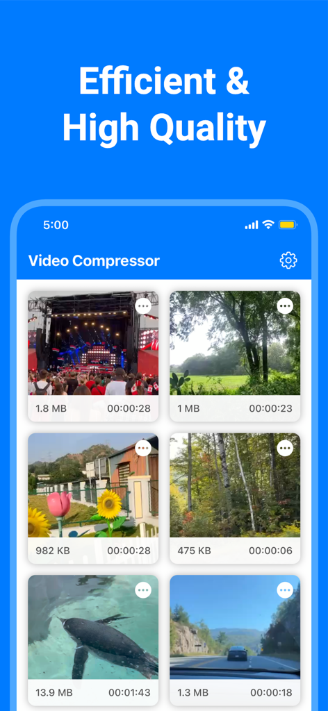 Video Compressor app interface displaying a grid of videos with file sizes and durations under the heading Efficient and High Quality.