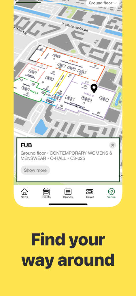 Mobile app interface showing the CIFF venue map with brand location details and navigation tabs.