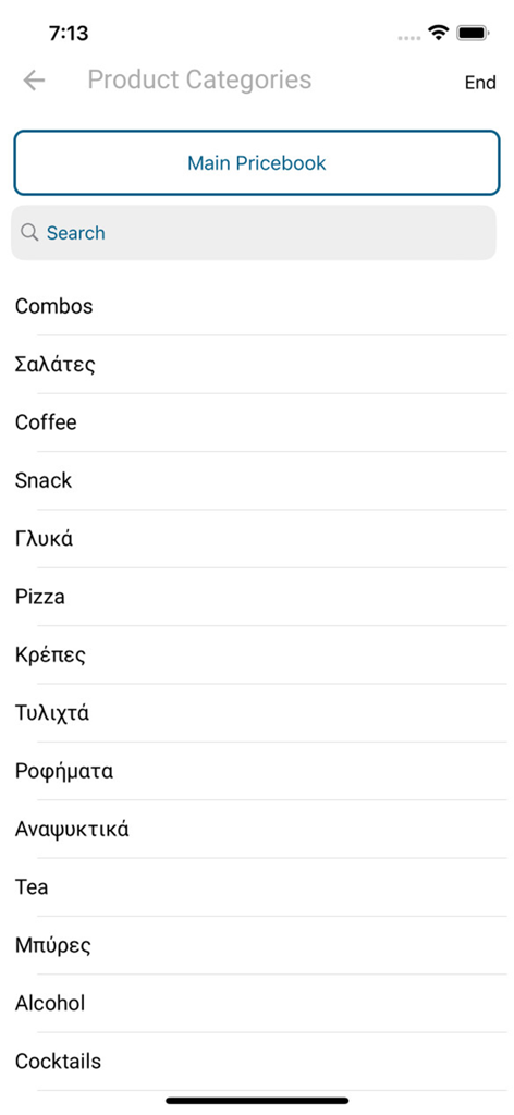 Simple Mobile - A list of restaurant food and drink categories in the Simple Mobile waiter application