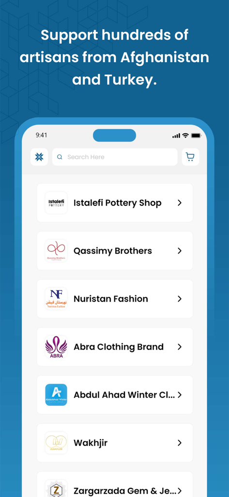A list of various artisan shops from Afghanistan and Turkey on the Aseel mobile app.