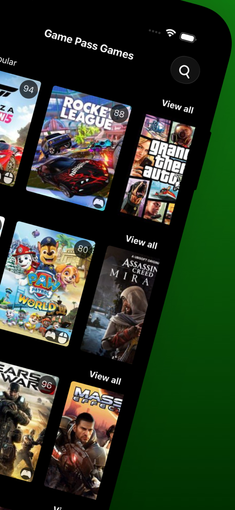 Game Pass Ratings - 批評家の評価スコアが表示されたGame Passゲームを表示するモバイルアプリのインターフェイス