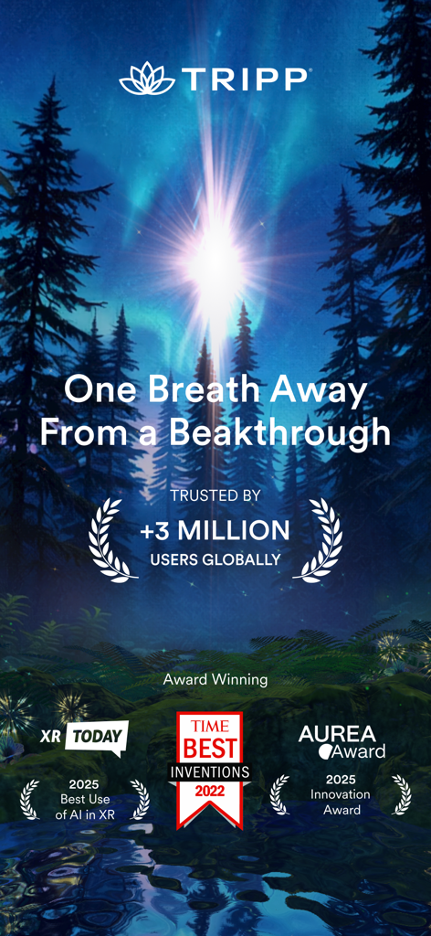 Promo-Bildschirm für die TRIPP-App mit einem leuchtenden nächtlichen Waldhintergrund und einer Liste von Innovationspreisen.