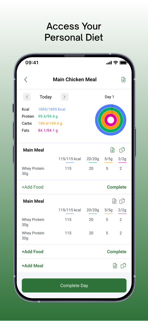Get Fit Wise - Interface do aplicativo Get Fit Wise exibindo um plano de dieta pessoal com rastreamento de calorias e macronutrientes