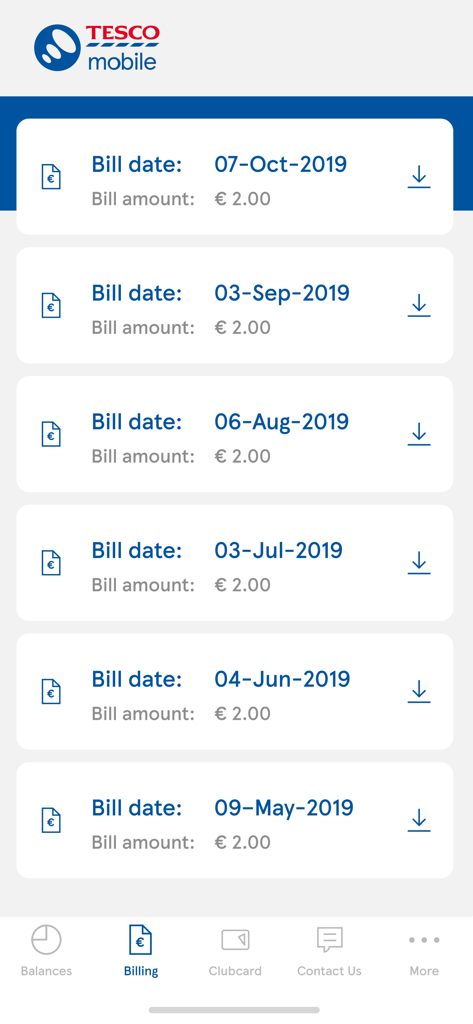 My Tesco Mobile - A tela de histórico de faturamento do aplicativo My Tesco Mobile exibindo uma lista de extratos mensais com datas e valores.