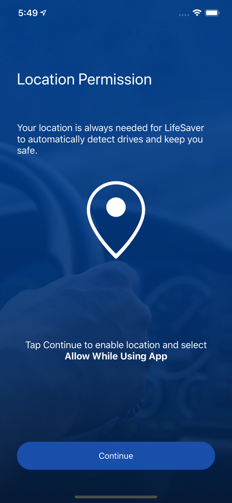 LifeSaver - Distracted Driving - Location permission request screen in the LifeSaver app for automatic drive detection and safety.