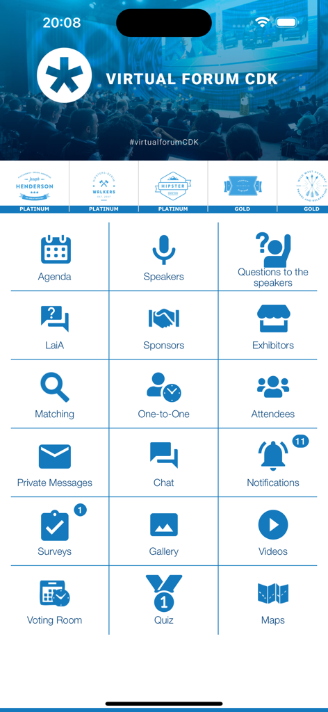 eventsPlace - Interface of the eventsPlace app for the Virtual Forum CDK showing icons for agenda speakers and networking features