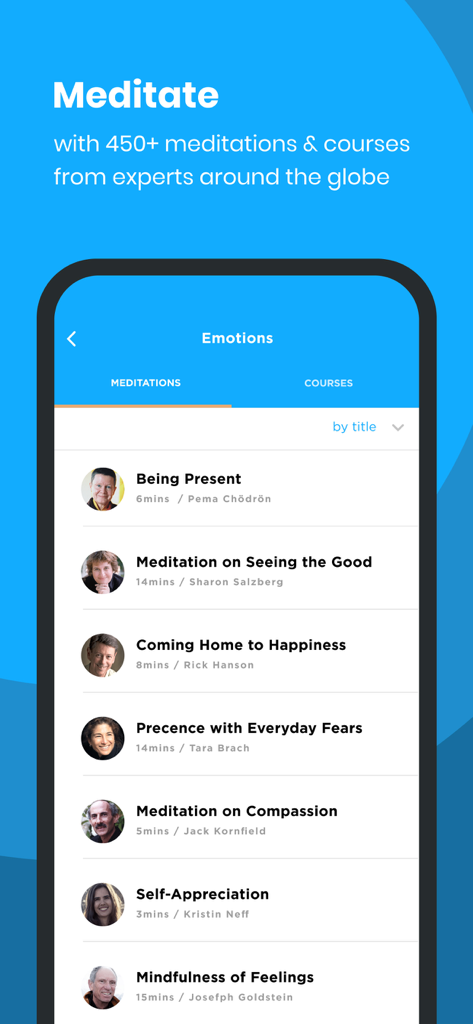 Uma lista de meditações guiadas lideradas por especialistas para bem-estar emocional dentro da interface do The Mindfulness App.