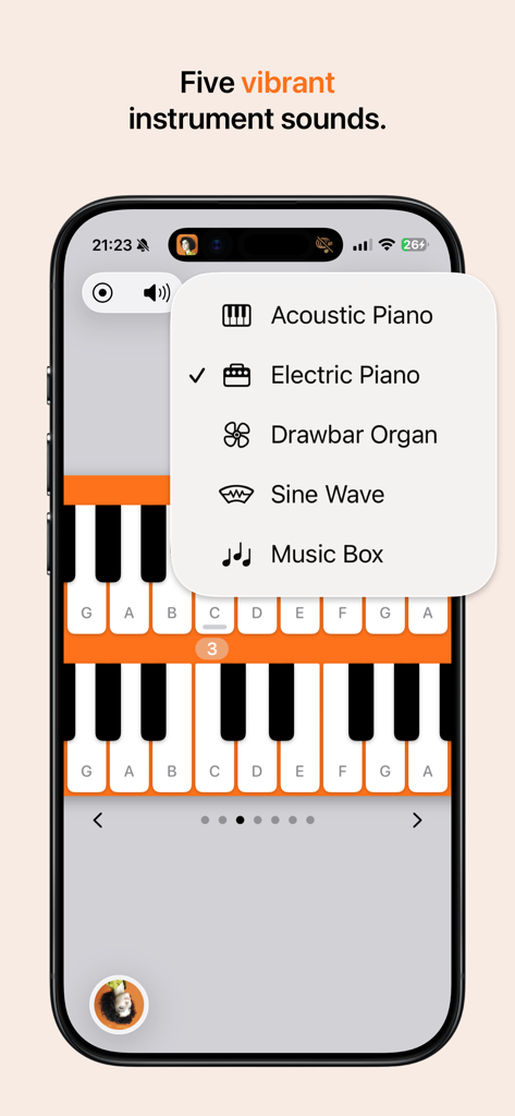 I Love a Piano - I Love a Piano app interface displaying a menu with five instrument sounds over a dual-layered keyboard.