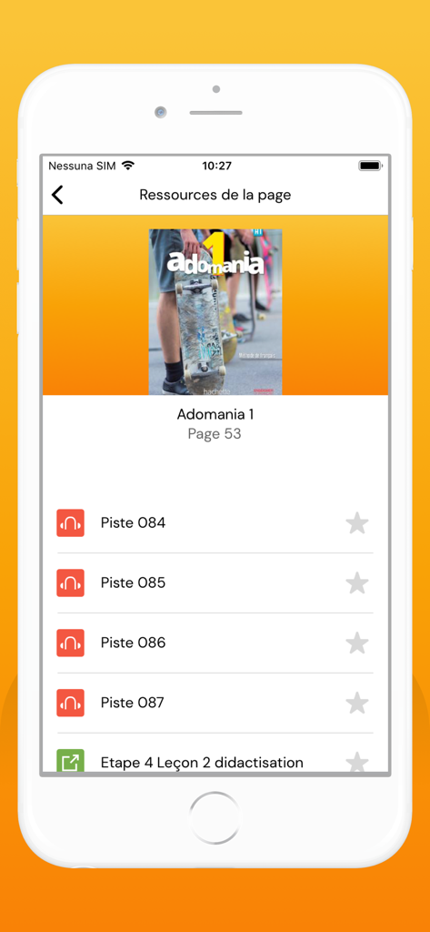 MEDIA plus App-Oberfläche, die Audio- und digitale Ressourcen für eine Seite im Buch Adomania 1 anzeigt