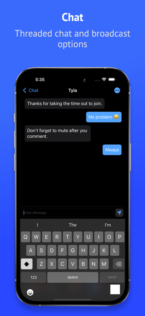 Attendant Pro for Zoom - Threaded chat and broadcast options screen in the Attendant Pro for Zoom app
